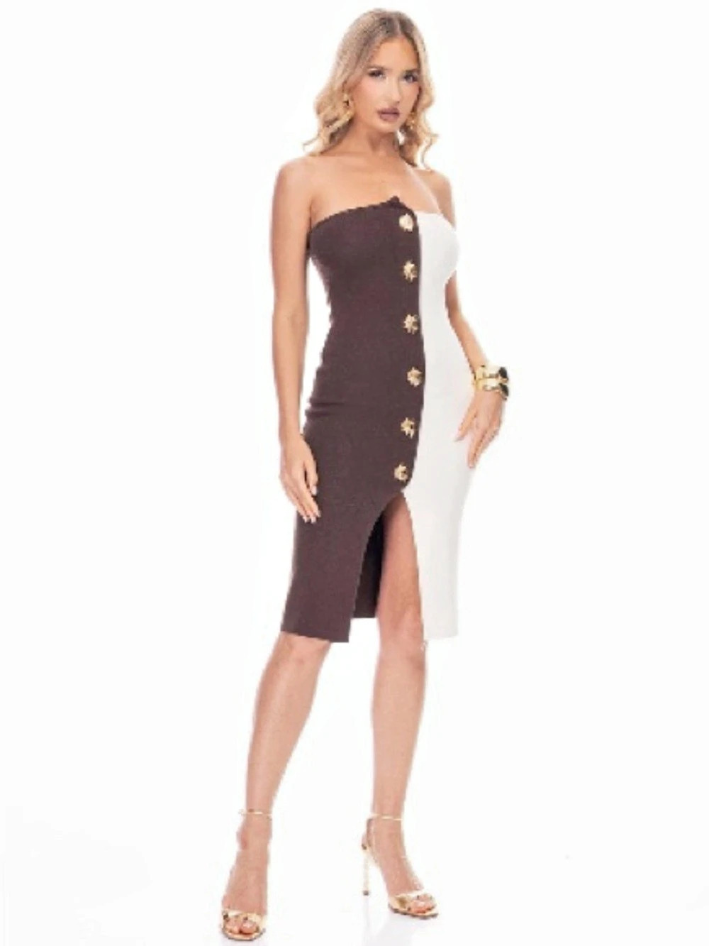 Color Block Midi Dress in Brown & White Like New
